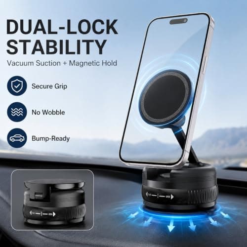 Vacuum Magnetic Car Phone Holder for MagSafe, Strong Suction Cup Dashboard & Windshield Mount, 360° Rotatable Foldable Phone Mount with Metal Ring — view 2