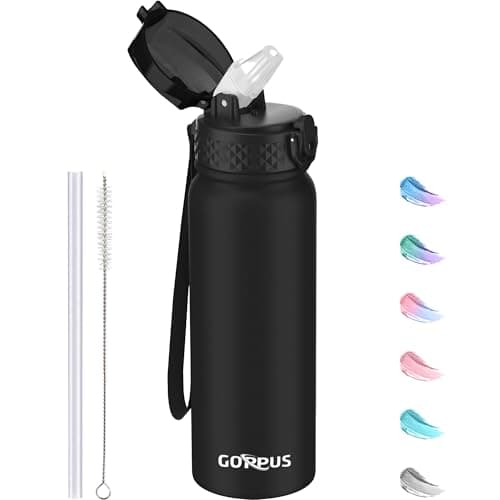 GOPPUS 600ml/20oz Stainless Water Bottle with Straw Double Wall Insulated Bottles with Strap One Hand Open Vacuum Thermal Flask with Flip Top Lid Leakproof Keep Cold Drinks BPA Free (Black)