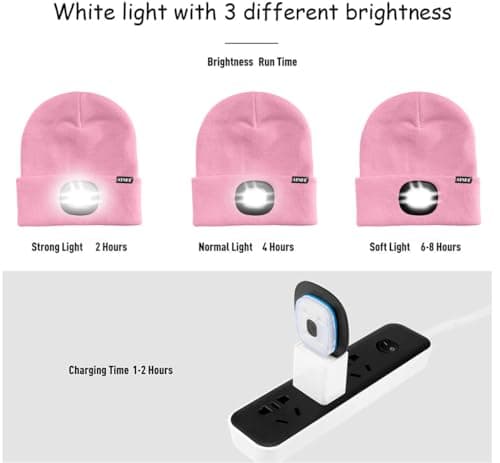ATNKE LED Lighted Beanie Cap,USB Rechargeable Running Hat Ultra Bright 4 LED Waterproof Light Winter Warm Gifts for Men and Women/Pink — view 6