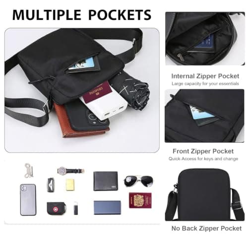 Veyarien Men's Vertical Phone Crossbody Bag, Waterproof Oxford Tall Sling Pouch with Card Slots & 2 Zip Compartments, Adjustable Strap, Lightweight for Daily Commute (Black) — view 5