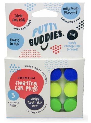 Putty Buddies Floating, Silicone Ear Plugs, Pack of 3 Pairs, Blue, Yellow & Green