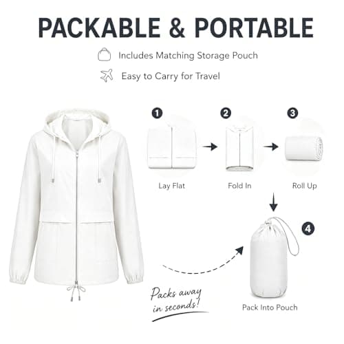NWDEY Women's Lightweight Waterproof Jacket Ladies Packable Raincoat Hooded Windproof Rain Jacket Coat for Outdoor Travel (UK, Alpha, M, Regular, Regular, White) — view 6