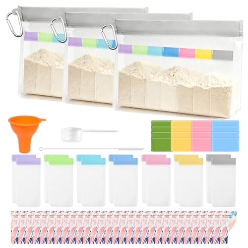 Protein Powder Travel Container Set, Reusable Protein Powder Container To Go,14Pcs Single Dose Bags & 3Pcs Large Zip with 30 Disposable Bags, Portable Supplement Storage Containers with Funnel