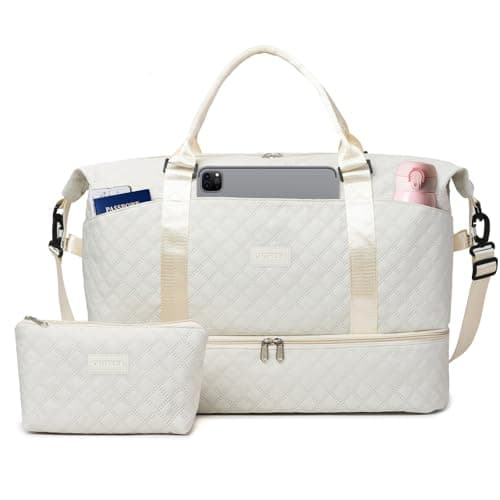 Outplea 50L Travel Duffel Bag Women, Large Weekend Overnight Holdall Bag with Toiletry Pouch, Maternity Hospital Bags with Shoe Compartment & Wet Pocket, White