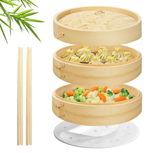 Flexzion Bamboo Steamer Basket Set (10 inch), 50 x Steamer Liners and 2 Pairs of Chopsticks, Steam Baskets for DimSum Dumplings, Rice, Vegetables, Fish and Meat