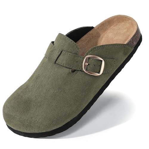 Polar Women’s Slip-On Clogs with Cork Footbed, Faux Suede Upper and Adjustable Strap, Comfortable Indoor Outdoor Casual Shoes - Olive 6 UK — view 2