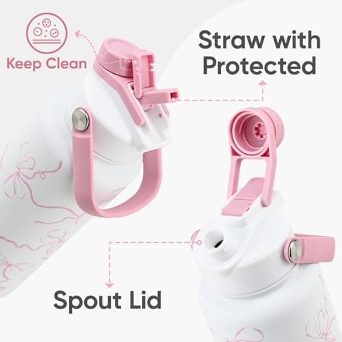 KEWIXY Pink Bow Water Bottle 500 ml/18 oz, 2-in-1 Lid, Stainless Steel Water Bottle with Straw for Women Girls, Ideal Birthday and Back to School Gift (Breeze Pink Bow1) — view 4