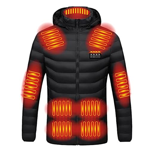 HAOLEI Heated Jackets for Men UK Clearance Winter Warm Heated Coat Full Zip USB Charging Electric Hooded Heated Jacket with 19 Heating Area for Outdoor Sports(No Power Bank), Black, M