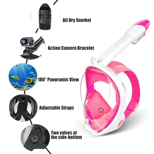 Snorkel Mask Full Face,180°view Snorkeling Gear with Panoramic Design-Compatible Sports Camera, Anti-fog, Anti-leak Technology for a Safe Adults and Kids Snorkeling Experience (Pink, L-XL) — view 2