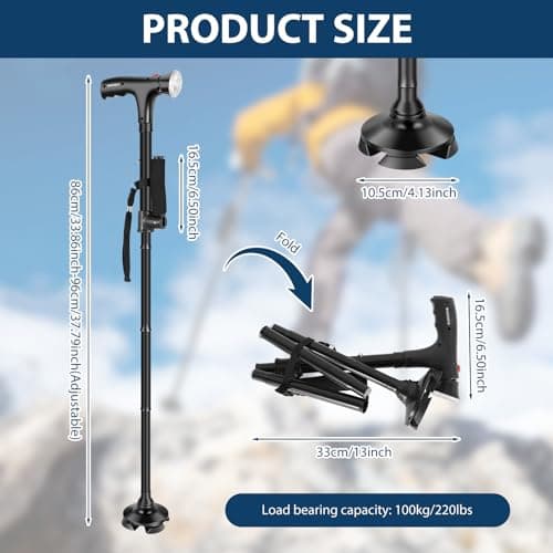 Folding Walking Cane with LED Light, Adjustable Collapsible Standing Canes with SOS Alarm, Pivoting Non Slip Quad Base, Heavy Duty Walking Sticks for Seniors Adults — view 2