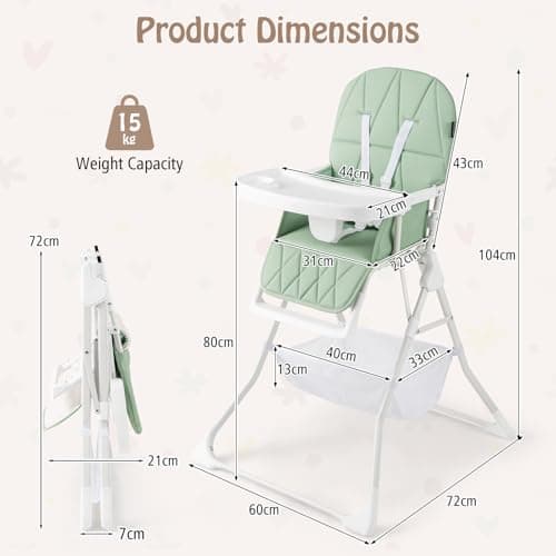 COSTWAY Foldable Highchair for Babies and Toddlers, Compact Lightweight High Chair with 3-Position Adjustable Tray & Footrest, Removable Seat Cushion (Green with Basket) — view 6