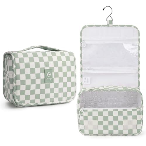 Narwey Hanging Toiletry Bag, Toiletry Bags for Women, Travel Toiletry Wash Bag Women, Toiletries Bag Washbag Makeup Bag Cosmetic Make up Organizer for Essentials (Mint Green Checkerboard)