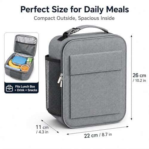 Lunch Bag for Men Women, Reusable Large Capacity Insulated Lunch Bag with Handle, Front Pocket and Side Mesh Holder, Portable Cool Bag for Work School Travel Picnic, Grey — view 2