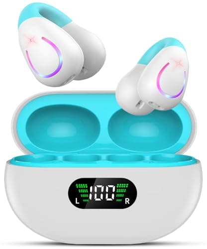 Open Ear Bone Conduction Headphones Bluetooth 6.1 Clip-on Earbuds with Mic, 80H Playtime, Waterproof, Digital Display Charging Case, Comfortable for Glasses Wearers,for Sport Workouts Running,Sky Blue