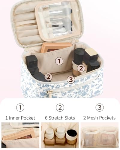 Travel Makeup Bag Quilted Fabric Large Cosmetic Bag with Brush Compartment, Blue Flower — view 3