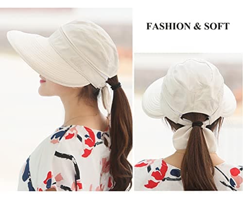 XINCHIA Women Sun Visor Hat Wide Brim Summer UV Protection Cap Golf Visor Hat Beach Visors Caps for Women Removable Topless Foldable Summer Travel Hats Packable Ladies Bucket with Bowknot Beige — view 3