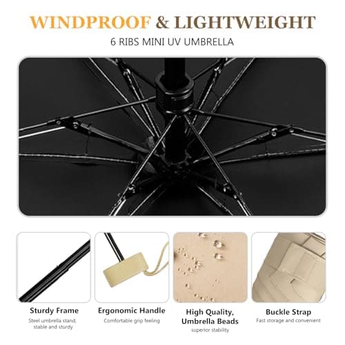 Mini Folding Travel Umbrella, Windproof Strong, UV Protection, 6 Ribs, Pocket Umbrella with Capsule Case for Women, Men, Girls-Beige — view 4