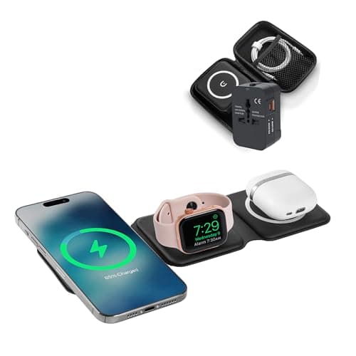 HH-Tech 3-in-1 Foldable Magnetic Wireless Charger Station with a International Travel Plug Adapter & Case, For iPhone 16/15/14/13/12, Watch 10/9/Ultra/8/7/6/SE/5/4, AirPods 4/3/2/Pro (Black)