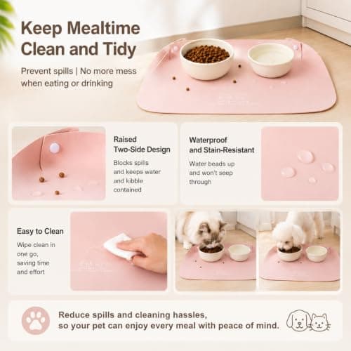 Pet Feeding Mat, Pink Waterproof Cat Dog Placemat 45x30cm with Foldable Raised Edges, Wipe-Clean PU Leather Dog Bowl Mat for Food Water Bowls, Cats & Small Dogs — view 6