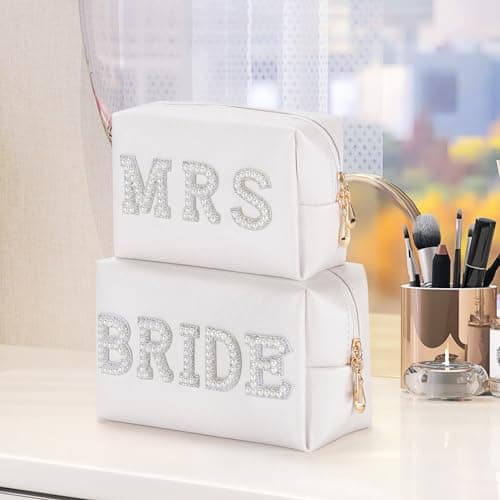 Etercycle Bride Letter Makeup Bag, Bridal Shower Gifts Bling Pearl Rhinestone Patch Cosmetic Bag, Waterproof PU Travel Toiletry Bag for Bachelorette Party Wedding Bridal (Bride) — view 6