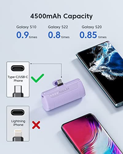 Kuulaa Portable Charger USB C Power Bank 4500mAh Small Portable Phone Charger Android Compact Plug in Battery Pack Portable Compatible with iPhone 15, Samsung Galaxy, Moto, LG, Pixel Purple — view 5