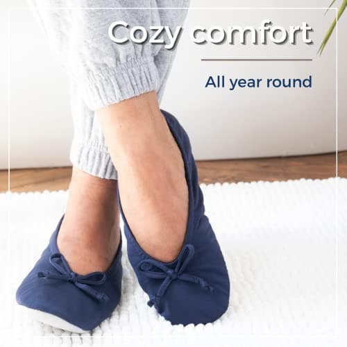 Isotoner Women's Satin Ballerina Slipper Ballet Flat, Navy Blue Soft Tie Bow, 4.5/5.5 UK — view 2