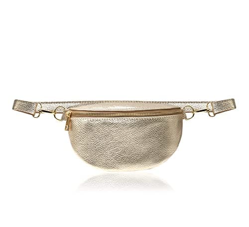 Montte di Jinne 100% Made in Italy – Soft Pebble Leather Belt Bag/Crossbody Bum Bag for Women, Adjustable & Detachable Strap, Gold Hardware, Lightweight Everyday Travel Waist Pack (Gold)