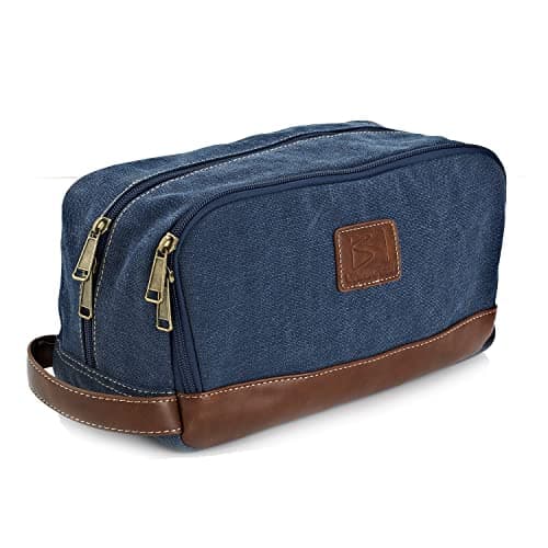 Seemeroad Travel Toiletry Bag for Men and Women, Canvas Toiletry Organizer Water-Resistant Vegan Leather, Hanging Dopp Kit Shaving Bag for Toiletries Accessories (Blue, Large)