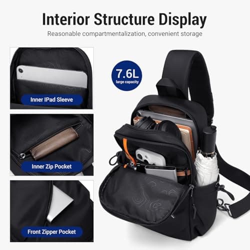 VNINE Anti Theft Man Bag,Small Sling Bag Waterproof Cross Body Bag & Chest Bag with Headphone Port for Travel Hiking Cycling Camping Outdoor Sports — view 2