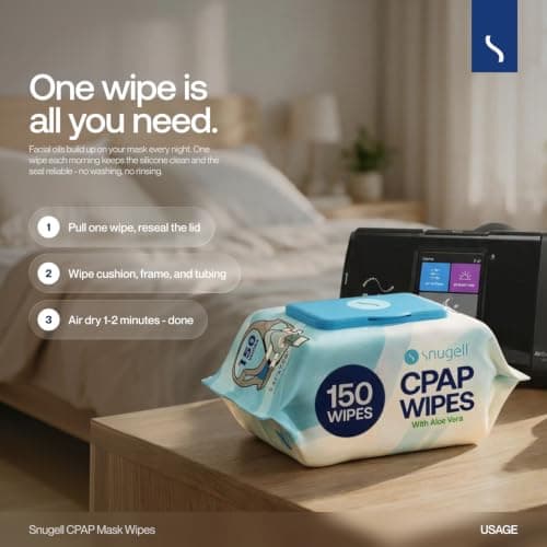 Snugell Unscented Travel CPAP Mask Wipes Antibacterial (150 Count) –100% Soft Cotton– Lint & Alcohol-Free,Skin Safe with Aloe Vera – Easy Opening CPAP Cleaner and Sanitizer for Masks, Tubes & Devices — view 3