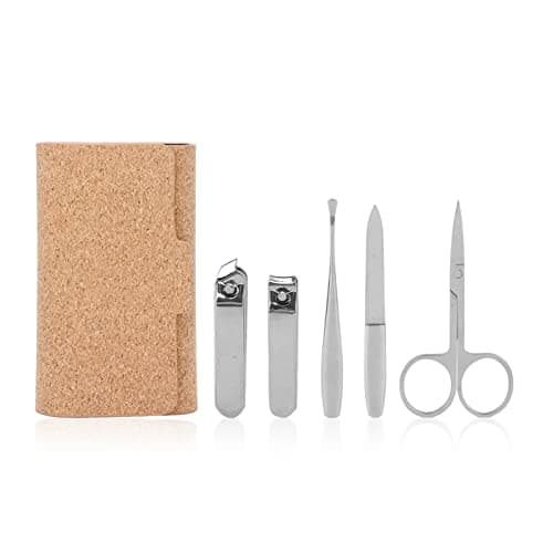 Brrnoo Cork Nail Clipper Set with Stainless Steel Blades, Beveled Edges for Dead Skin, Eyebrow Trimmer, Ear Spoon, Nail File, Manicure Kit