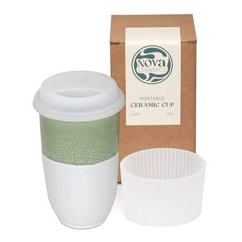 NOVA CERAMICS Travel Mug On The Go Coffee Tumbler Microwave & Dishwasher Safe Green Tumbler - Gifts for Women Men Him Her 475ml Sage