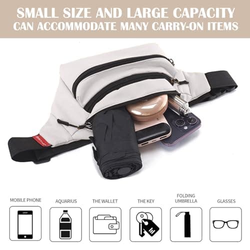 Risipu Bum Bag for Men Women, Lightweight Water-Resistant Waist Packs with Adjustable Belt & 3 Zipper Pockets, Fashionable Fanny Pack for Travel, Running, Hiking, Cycling (White) — view 6