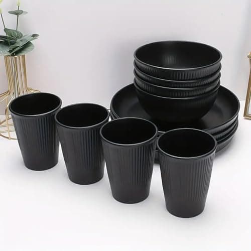 Camping Plates, Unbreakable Dinner Sets for 6, 18 Pcs Plastic Picnic Set for Party, Home & Picnic, Lightweight Microwave & Dishwasher Safe Camping Cutlery(Black) — view 2