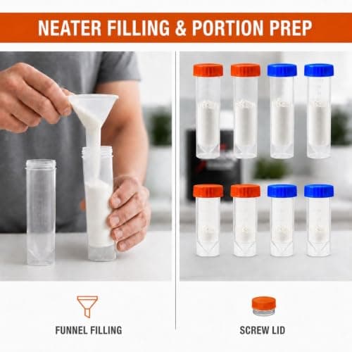 Raoletin 8 Pack Portable Protein Powder Travel Tube Complete Kit with Funnel, Storage Pouch & Colour Labels, Clear Screw-Lid Supplement Dispenser Containers to Go for Creatine, Gym, Workout & Fitness — view 3