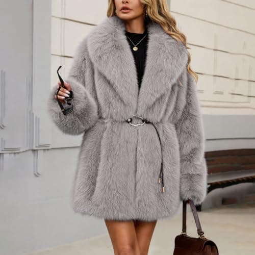 Gray Womens Faux Fur Coat Lapel Belted Warm Winter Jacket with Pockets XXL — view 5