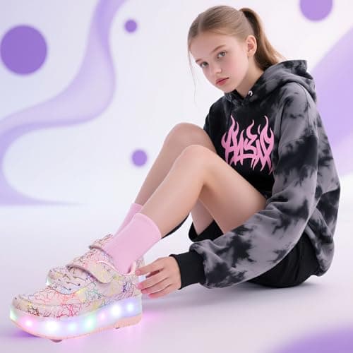 HUSKSWARE Kids Shoes with Wheels – LED Light-Up Roller Sneakers Boys Girls, Retractable Skating Trainers, USB Rechargeable Outdoor Sports Shoes EU 27-40 White Black Pink — view 2