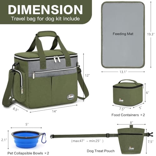 TAIHOYIN Dog Travel Bag for Pet Kit Outdoor with 2 Food Bags + 2 Collapsible Bowls + Feeding Mat + Dog Treat Bum Pouch 7-Piece Set for Pet Accessories Organizer Traveling Walking Camping, Olive Green — view 5