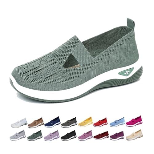 Women's Comfort Walking Shoes, Woven Lightweight Breathable Orthopedic Sneakers with Soft Sole, Arch Support and Stretch Fit Green