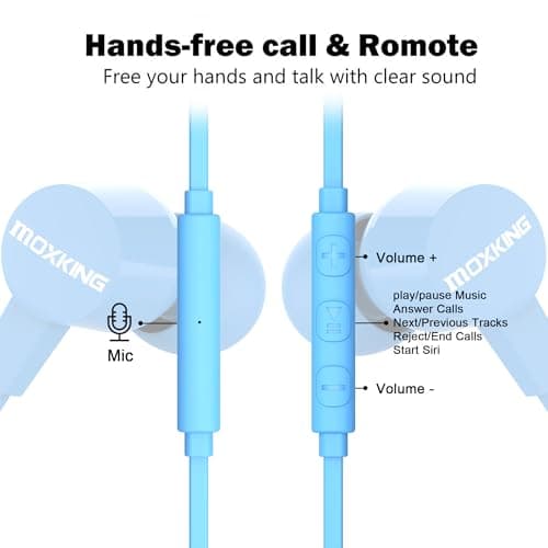 MOXKING Wired Tangle Free Earphones With for kids women small ears, Comfortable and Lightweight Flat Cable Ear bud with Microphone and Volume Control for Cell Phone Laptop (Blue) — view 4