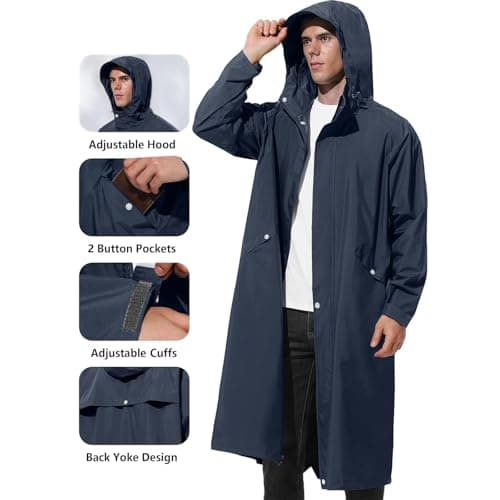 Packable Waterproof Jacket Mens Long Raincoats for Men Pack Away Hooded Rain Jackets Baggy Water Resistant Windbreaker Windproof Showerproof Coat with Hood Fishing Clothes Tall — view 6