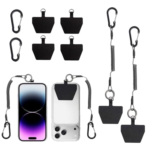 TESGADGETS 2 Piece black mobile phone strap with flexible spiral cable, with carabiner, anti-theft, for outdoor hiking and climbing for most smartphones