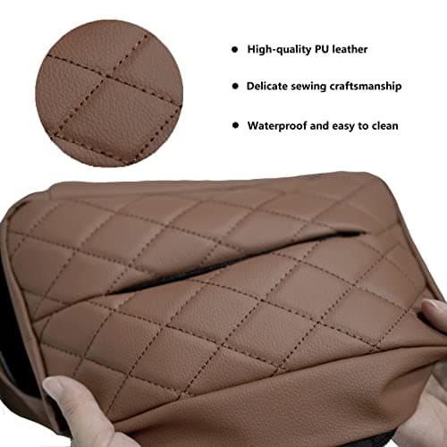 Qirc PU Leather Car Tissue Holder, Car Back Seat Headrest Hanging Tissue Boxes, Cars Napkin Box Holder for Universal Auto, Large Tissue dispenser fit for 120 Tissues per Box (Beige) — view 3