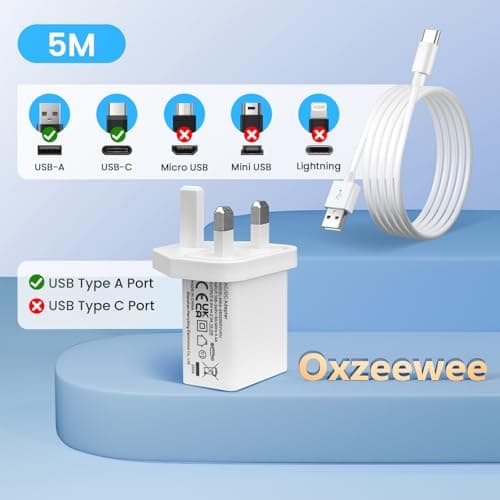 UKCA 5V 2A 10W USB Portable Wall Charger with 5M USB C Cable, AC DC Adapter Travel Plug, Power Supply for Security Cameras, Speakers, and More Type-C Enabled Devices-White — view 2