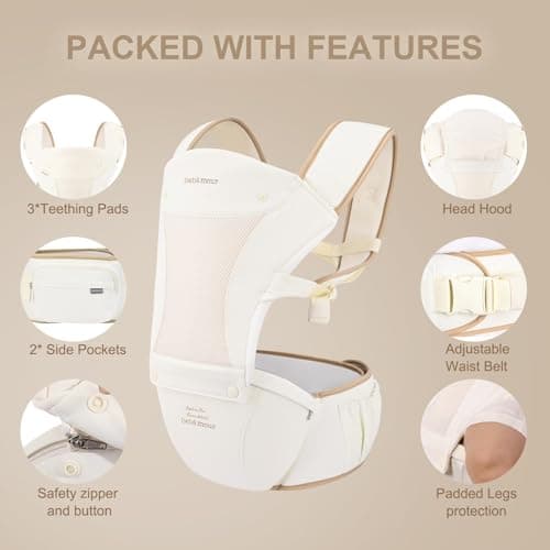 Bebamour Baby Carrier with Hip Seat, Newborn to Toddler 0–36 Months, Ergonomic Infant Carrier with Adjustable Waist Belt, Head Hood, Teething Pads & Waist Extender, Beige — view 3