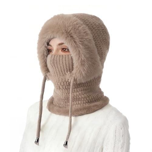 Ashloter 3 in 1 Beanie Hat for Women, 3in1 Thermal Winter Balaclava Knitted Hood with Scarf and Face Mask, Windproof Warm for Outdoor Skiing Hiking Running Skiing Cycling Ladis Men (Khaki)