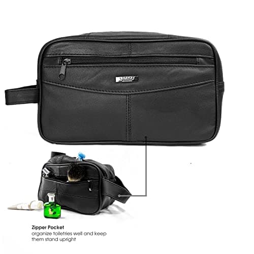 Men's Genuine Leather Toiletry Bag Travel Toiletry Bag Shaving Bag Cosmetic Organizer Gift for Men Women One Black Zipper — view 4