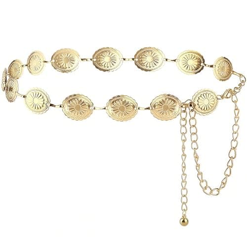 NXPUXP Western Metal Concho Belt,Cowgirl Concho Chain,Adjustable Waist Chain for Women,Suitable for Dresses,Jeans,Costumes (Gold-2025),M,Non-Precious Metal,No Gemstone