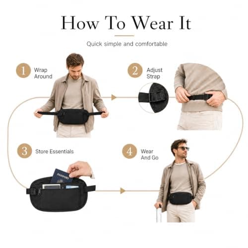 Travel Money Belt, Slim Black Passport Pouch, 2 Zip Compartments, 1-Piece — view 4