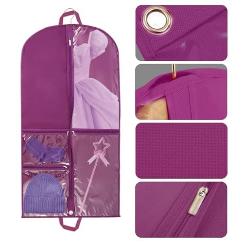 Waterproof Clothes Covers,40 inch Dance Costume Dress Bag Hanging Garment Bags with 3 Zipper Pockets,Foldable Travel Garment Bag with ID Slot for Dancers, Kids, Women (PURPLE) — view 3